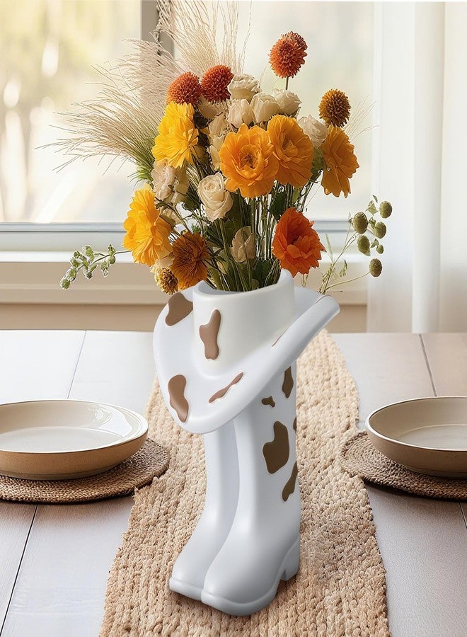 Ninehaoou Brown Cowgirl Boot Vase Centerpiece Boot Shape Boxes Decorations West Cowgirl Home Decor Western Country Accent Vase Hat Planter for Modern Aesthetic Room Wedding Decor - Image 1